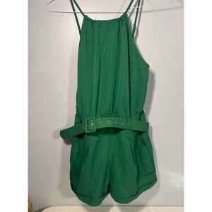 Green Belted Halter Romper Sleeveless Pocketed Shorts Jumpsuit Size Medium